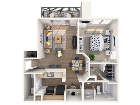 Floor plan for 1 bed, 1 bath, 668 sqft